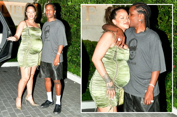 Rihanna shows off baby bump in tight green mini dress during date night - Rihanna Stuns In Cut-Out Baby Blue Dress At A$AP Rocky’s Cannes Premiere